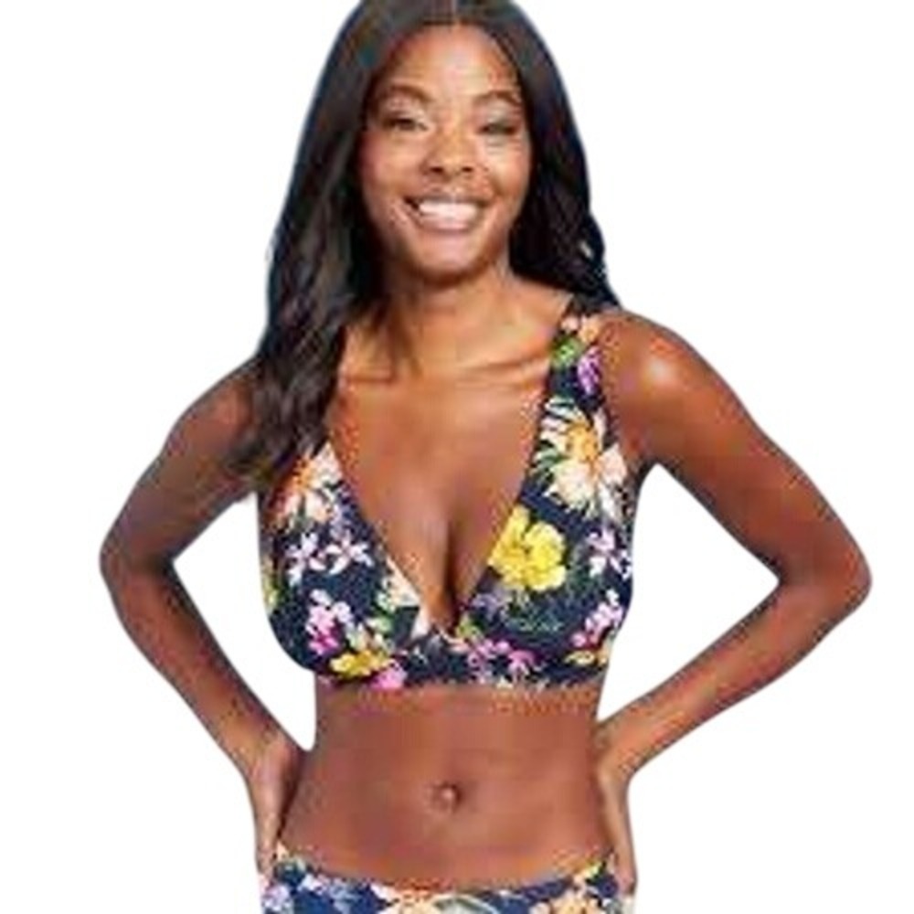 NWT L 12 14 KONA SOL‎ Navy Blue Hibiscus floral swim top halter lined triangle